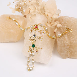 Choko Pearl Kundan Haathphool for Girls & Kids - Red & Green Festive Hand Accessory - Kids Jewellery