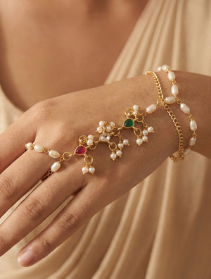 Choko Pearl Kundan Haathphool for Girls & Kids - Red & Green Festive Hand Accessory - Kids Jewellery