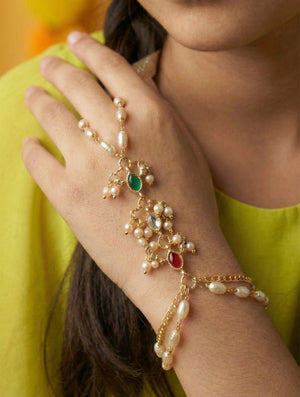 Choko Pearl Kundan Haathphool for Girls & Kids - Red & Green Festive Hand Accessory - Kids Jewellery