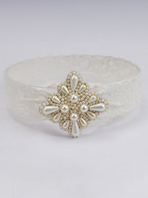CHOKO - Pearl Net Stretchable Hair Band - Teardrop Pearls - Elegant Pattern - Off - White/Pearly White - CHK274