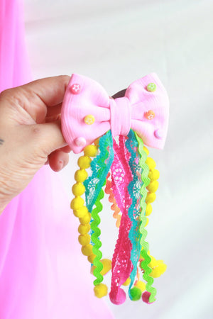 CHOKO Pink Embellished Bow Hairtie with Pompoms - CHK299