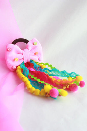 CHOKO Pink Embellished Bow Hairtie with Pompoms - CHK299