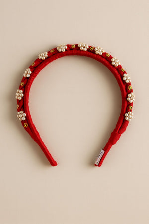 Choko Red Fabric Hairband for Girls with White Floral Embellishments and Gold Accents, Party Ready - Hair Accessories