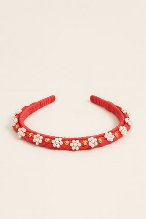Choko Red Fabric Hairband for Girls with White Floral Embellishments and Gold Accents, Party Ready - Hair Accessories