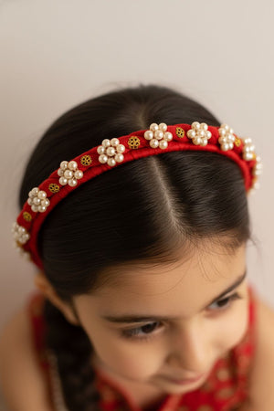 Choko Red Fabric Hairband for Girls with White Floral Embellishments and Gold Accents, Party Ready - Hair Accessories