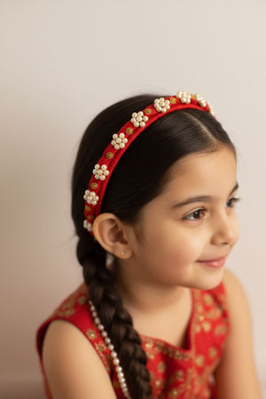 Choko Red Fabric Hairband for Girls with White Floral Embellishments and Gold Accents, Party Ready - Hair Accessories