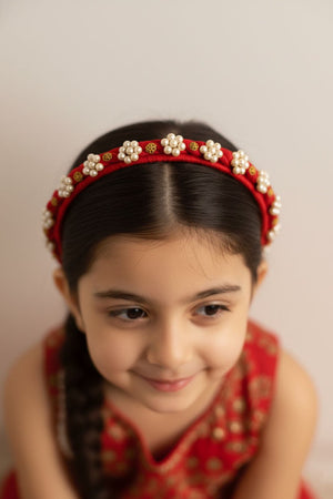 Choko Red Fabric Hairband for Girls with White Floral Embellishments and Gold Accents, Party Ready - Hair Accessories