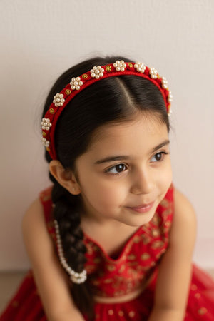 Choko Red Fabric Hairband for Girls with White Floral Embellishments and Gold Accents, Party Ready - Hair Accessories
