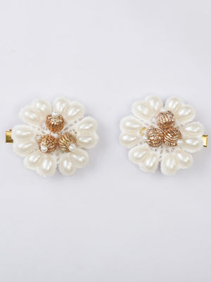 CHOKO Set of 2 - Golden Touch Pearl Flower Beaded Hairclip - Off White, Gold - 235CHK62