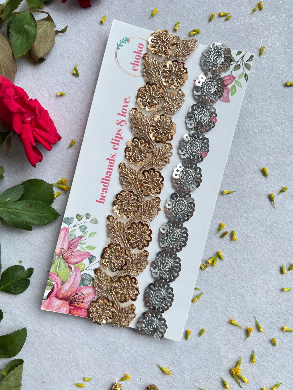 CHOKO - Set of 2 Sequin Flora Stretchable Hair Band for Babies - Silver and Gold - CHK323