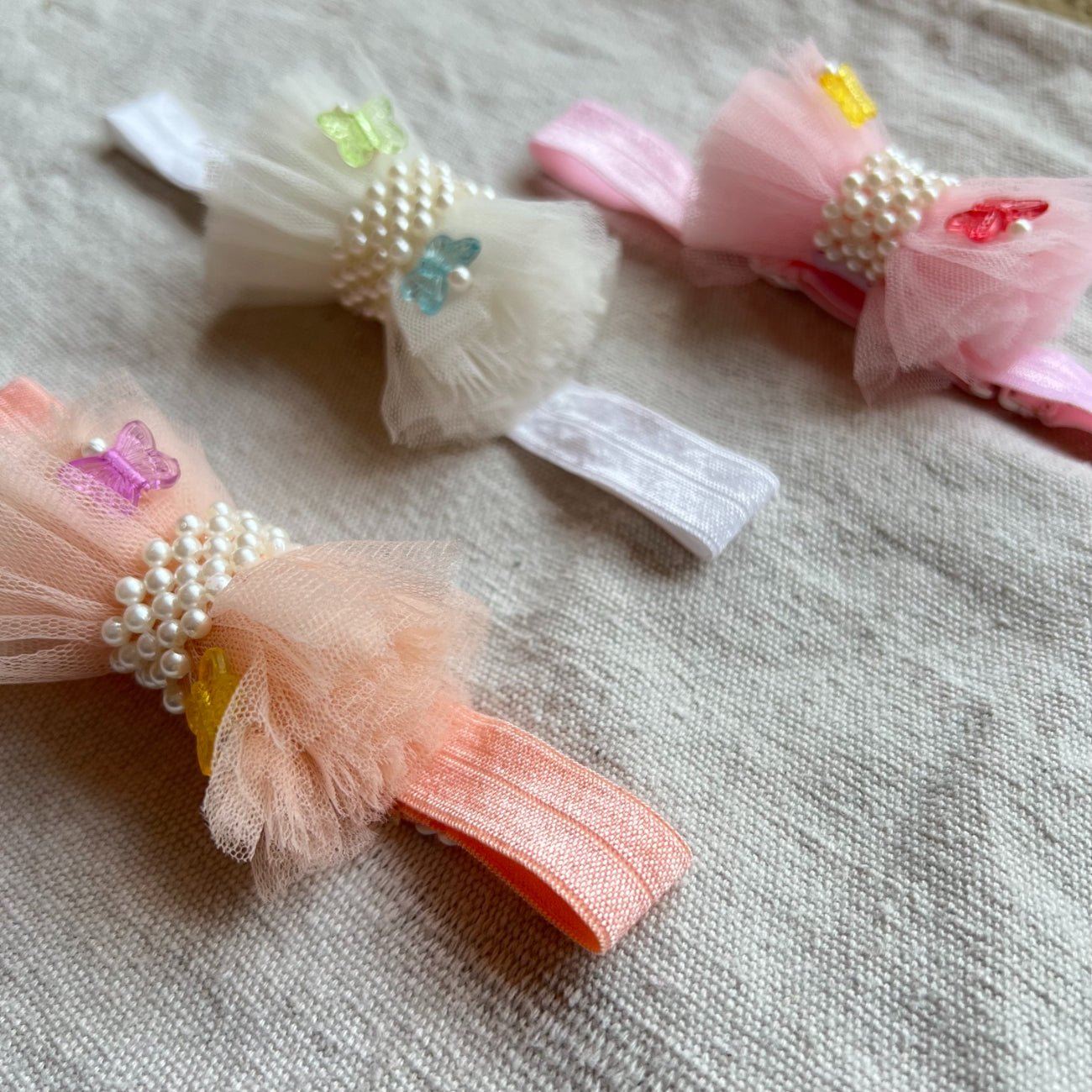 CHOKO - Set of 3 Adjustable Hair Bands for kids - Tulle - Embellished - Pink, White, Peach - CHK311SET
