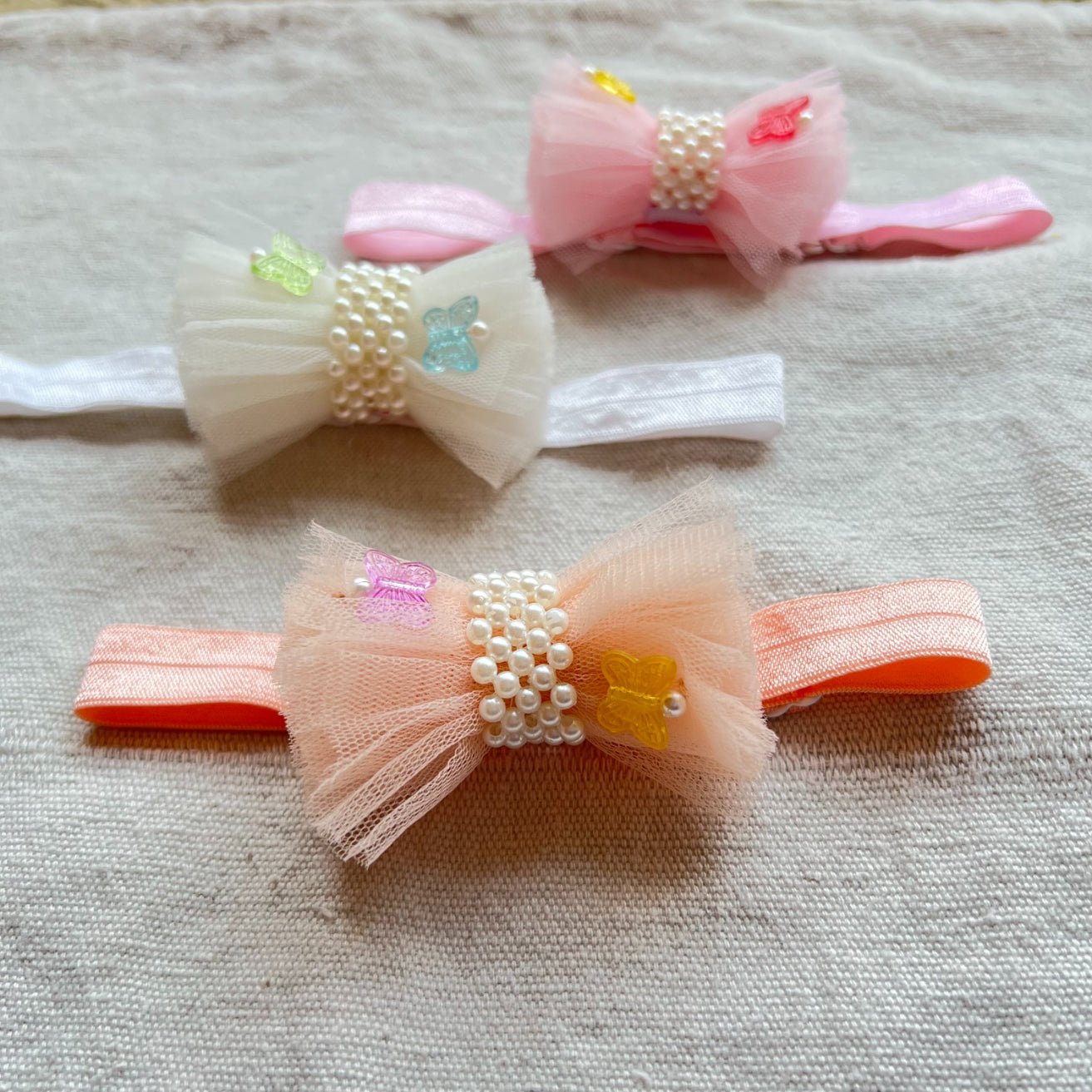 CHOKO - Set of 3 Adjustable Hair Bands for kids - Tulle - Embellished - Pink, White, Peach - CHK311SET