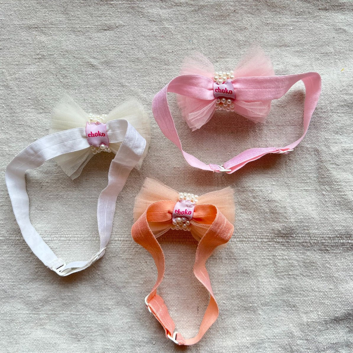 CHOKO - Set of 3 Adjustable Hair Bands for kids - Tulle - Embellished - Pink, White, Peach - CHK311SET