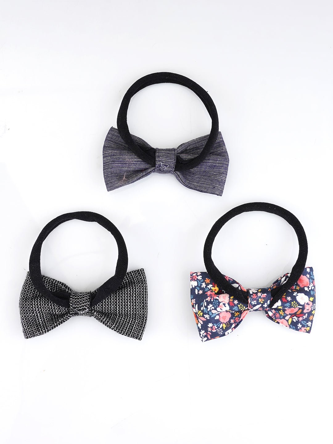 CHOKO Set of 3 Black Nylon Headband with Cotton Bows (Grey and Floral Prints) - 235CHK06
