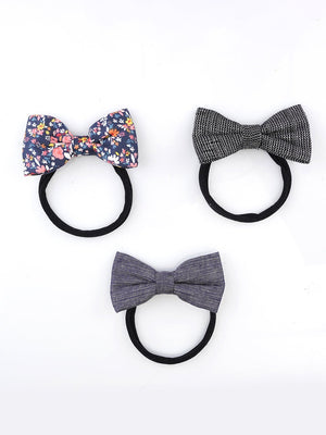 CHOKO Set of 3 Black Nylon Headband with Cotton Bows (Grey and Floral Prints) - 235CHK06