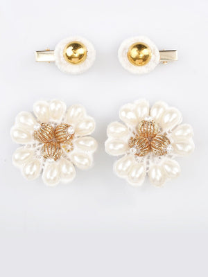 CHOKO Set of 4 Cotton Hairclips - Elegant Floral Blooms - 2 Pairs (White, Gold, Bronze) - 235CHK13