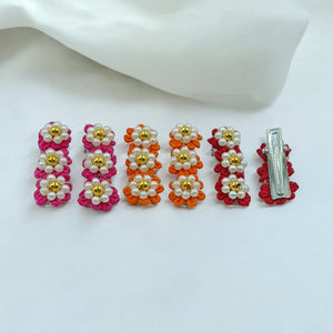 CHOKO Set of 6 - Flowery Cotton and Pearl Hairclip Set - 3 Pairs - 235CHK63