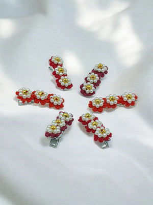 CHOKO Set of 6 - Flowery Cotton and Pearl Hairclip Set - 3 Pairs - 235CHK63