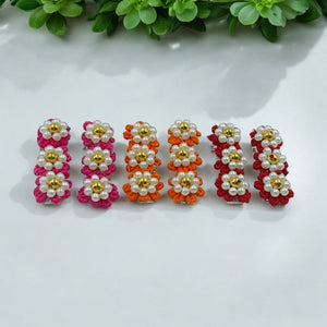 CHOKO Set of 6 - Flowery Cotton and Pearl Hairclip Set - 3 Pairs - 235CHK63
