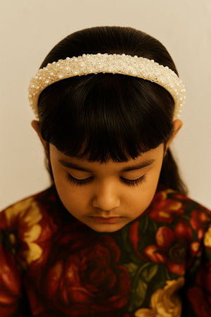 Choko White Pearl Embellished Hair Band for Girls with Soft Base for Party & Festive Wear - Hair Accessories