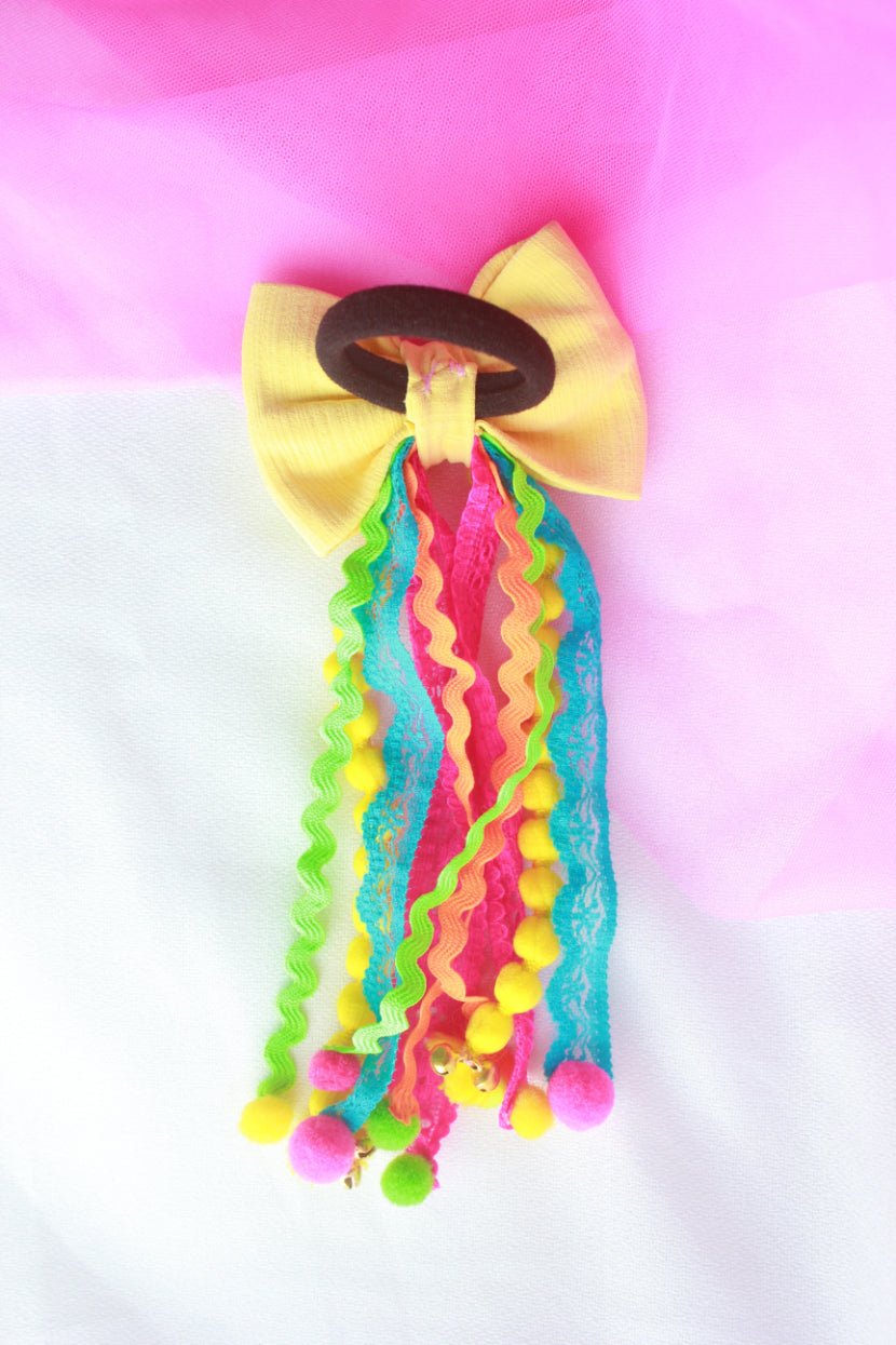 CHOKO Yellow Embellished Bow Hairtie with Pompoms - CHK301