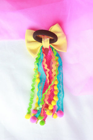 CHOKO Yellow Embellished Bow Hairtie with Pompoms - CHK301