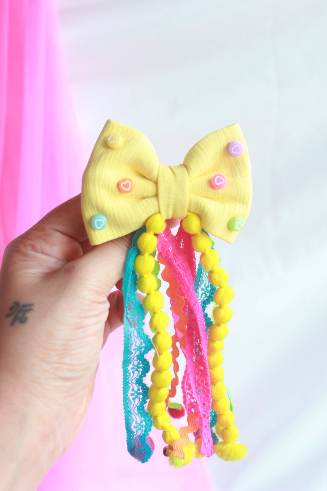 CHOKO Yellow Embellished Bow Hairtie with Pompoms - CHK301