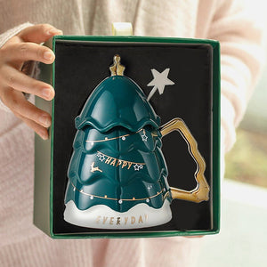 Christmas Ceramic Coffee and Hot Chocolate Mug - Green Christmas Tree style Cup with Matching Ceramic Lid and embellished Spoon,330 ml - Christmas