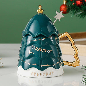 Christmas Ceramic Coffee and Hot Chocolate Mug - Green Christmas Tree style Cup with Matching Ceramic Lid and embellished Spoon,330 ml - Christmas