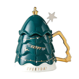 Christmas Ceramic Coffee and Hot Chocolate Mug - Green Christmas Tree style Cup with Matching Ceramic Lid and embellished Spoon,330 ml - Christmas