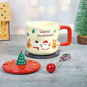 Christmas Character Faces Christmas Mug with 3d christmas tree Lid and Stainless Spoon. - Christmas