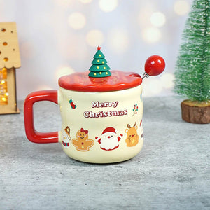 Christmas Character Faces Christmas Mug with 3d christmas tree Lid and Stainless Spoon. - Christmas