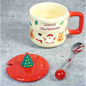 Christmas Character Faces Christmas Mug with 3d christmas tree Lid and Stainless Spoon. - Christmas