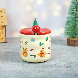 Christmas Character Faces Christmas Mug with 3d christmas tree Lid and Stainless Spoon. - Christmas