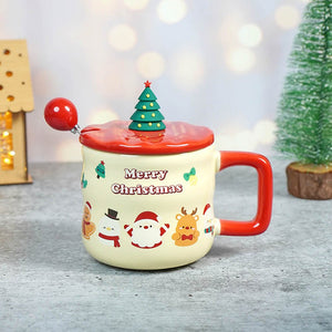 Christmas Character Faces Christmas Mug with 3d christmas tree Lid and Stainless Spoon. - Christmas