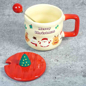 Christmas Character Faces Christmas Mug with 3d christmas tree Lid and Stainless Spoon. - Christmas