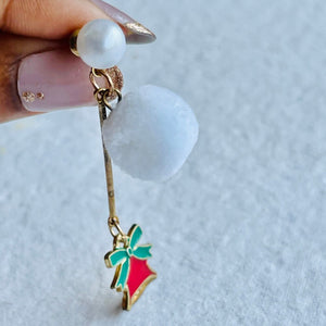 Christmas earrings accessories party wear, White Pompom hanging with Bells - XMAS ACCESSORIES