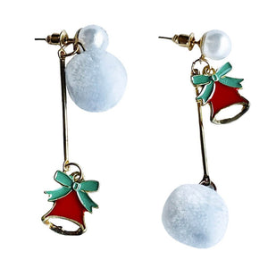 Christmas earrings accessories party wear, White Pompom hanging with Bells - XMAS ACCESSORIES