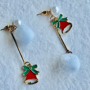 Christmas earrings accessories party wear, White Pompom hanging with Bells - XMAS ACCESSORIES
