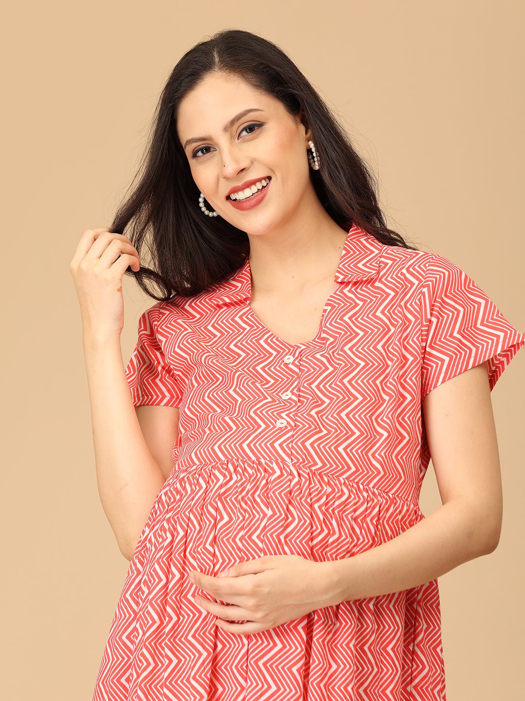 Chroma Coral Maternity and Nursing Dress - DRS - SK - CHRCO - S