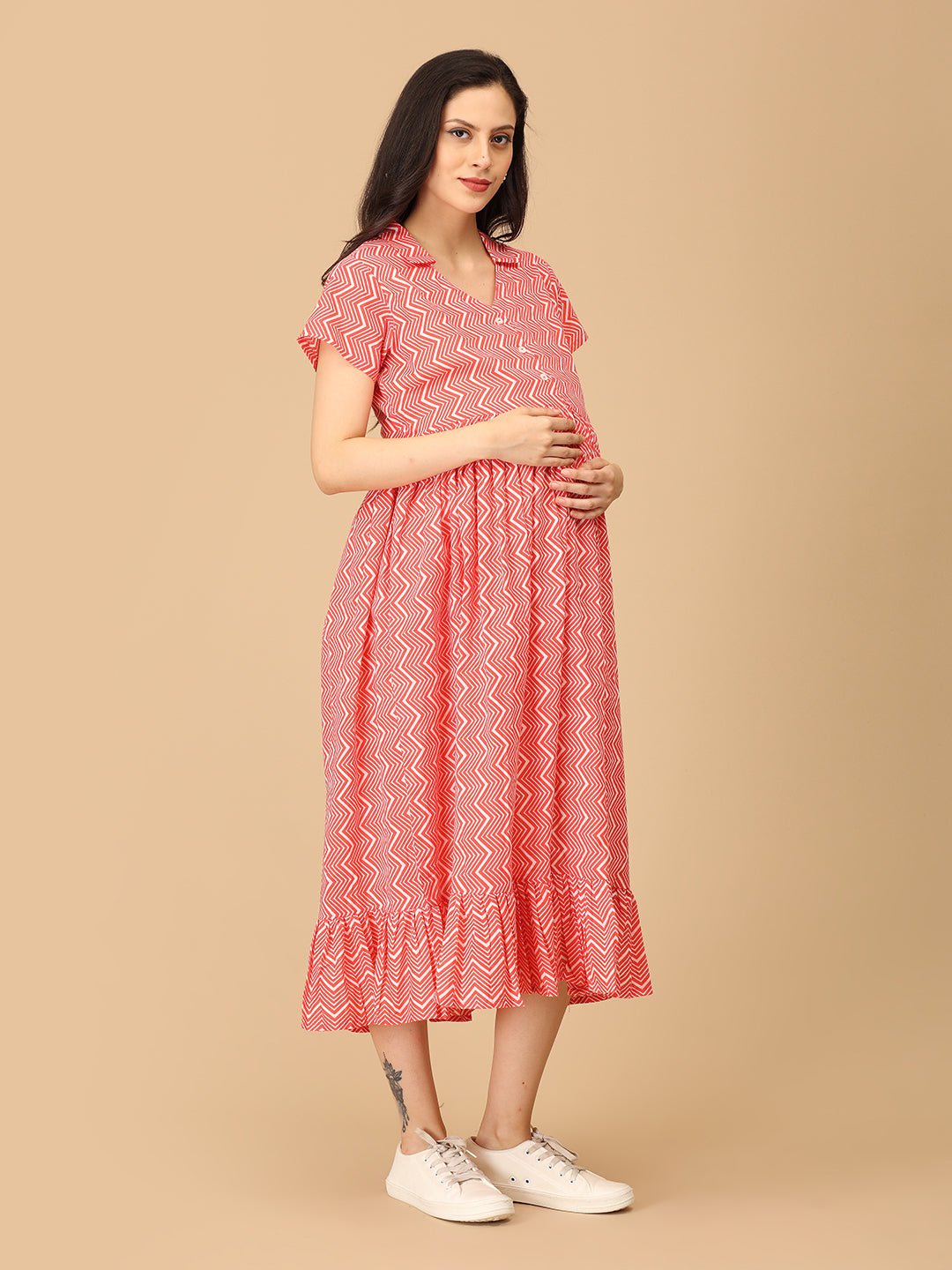 Chroma Coral Maternity and Nursing Dress - DRS - SK - CHRCO - S