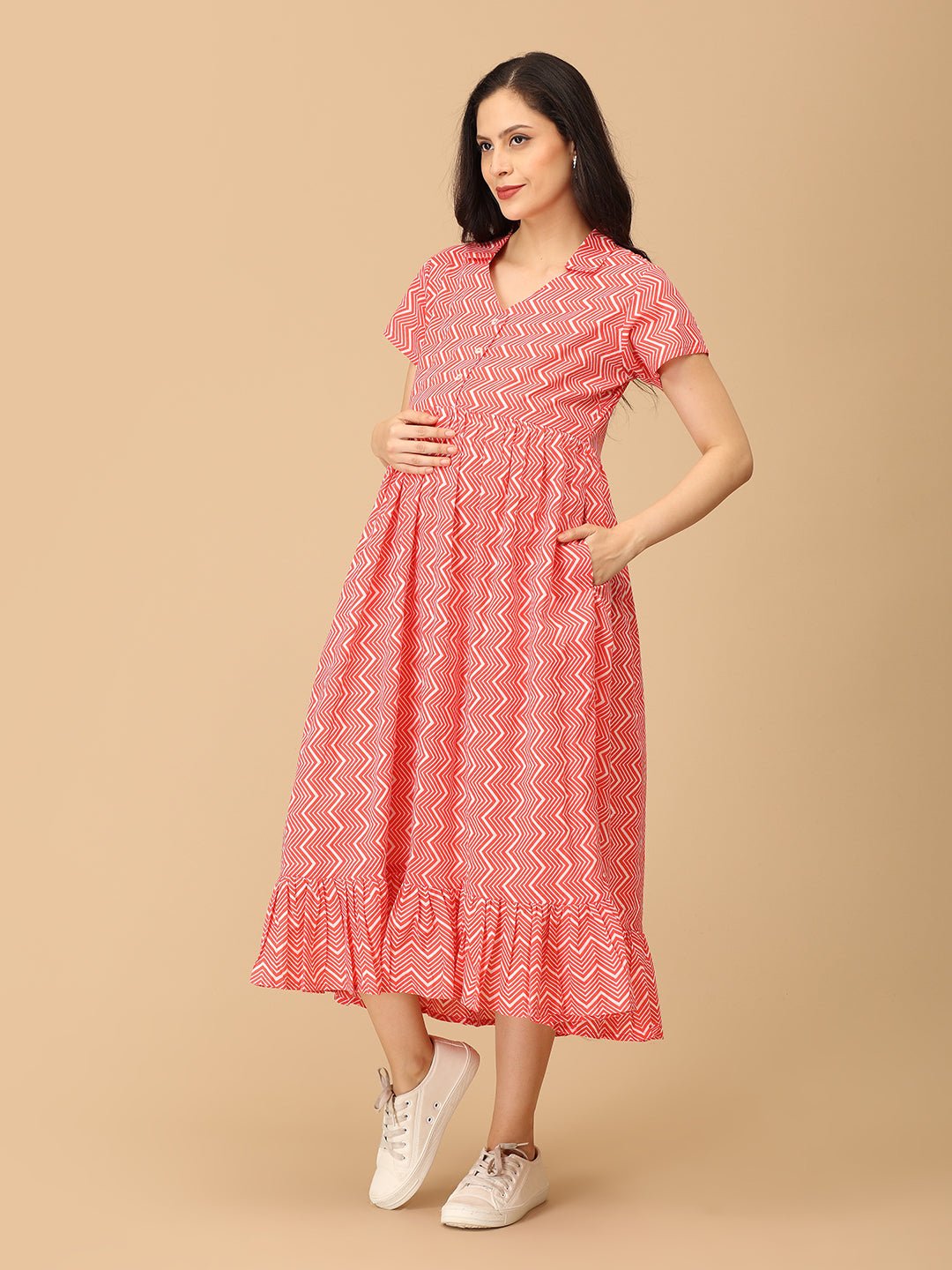 Chroma Coral Maternity and Nursing Dress - DRS - SK - CHRCO - S