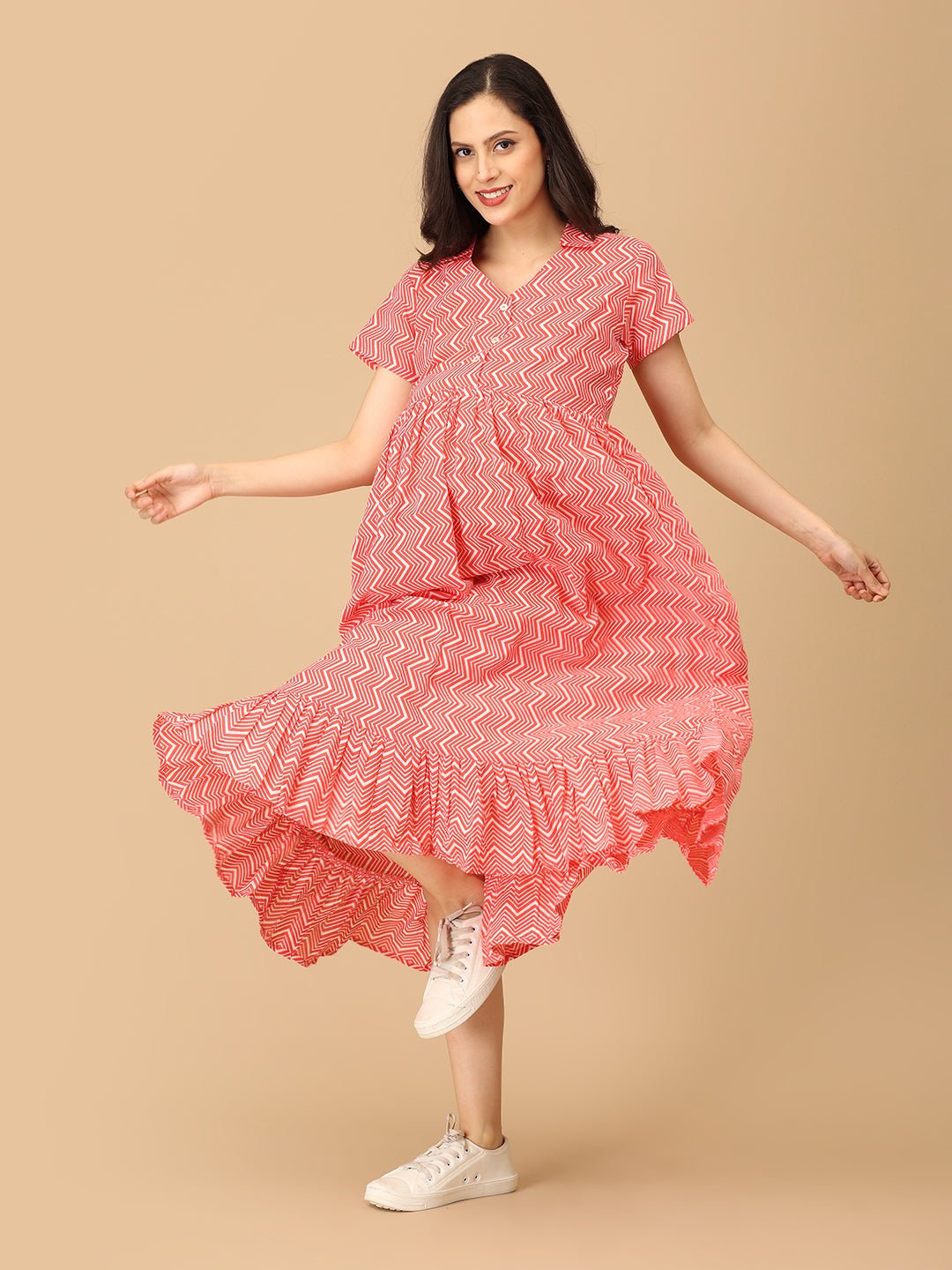 Chroma Coral Maternity and Nursing Dress - DRS - SK - CHRCO - S