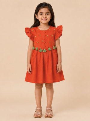 Cinnamon Girls Embroidered Dress - Rust Kids Casual Wear