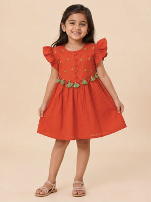 Cinnamon Girls Embroidered Dress - Rust Kids Casual Wear