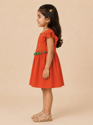 Cinnamon Girls Embroidered Dress - Rust Kids Casual Wear
