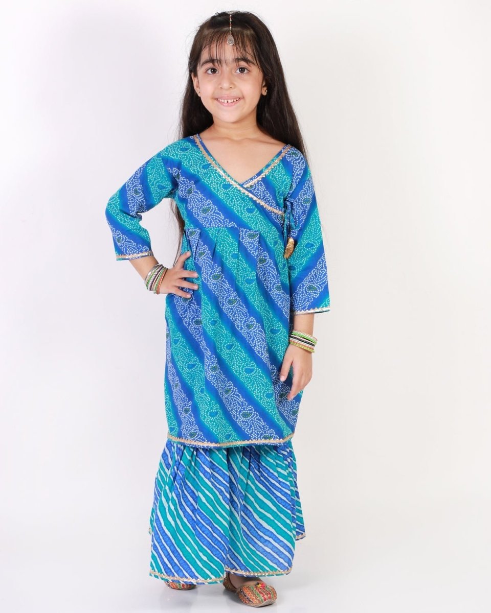Classic Blue Lehariya Girls Anarkali Sharara Set - SS-CGLKS-0-6