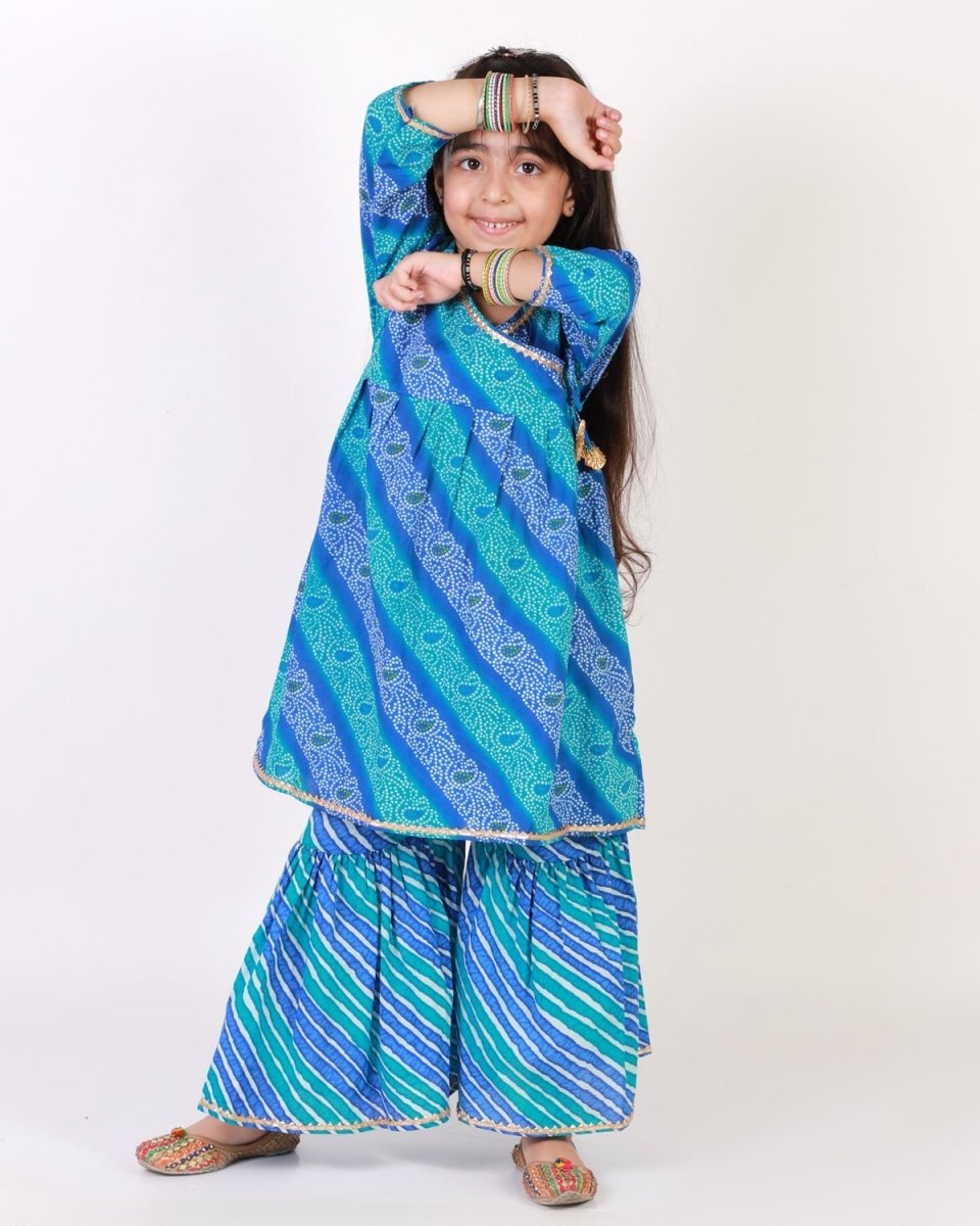 Classic Blue Lehariya Girls Anarkali Sharara Set - SS-CGLKS-0-6