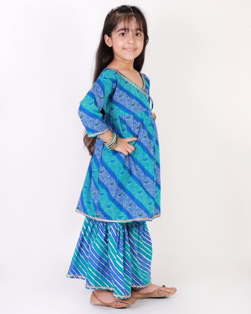 Classic Blue Lehariya Girls Anarkali Sharara Set - SS-CGLKS-0-6
