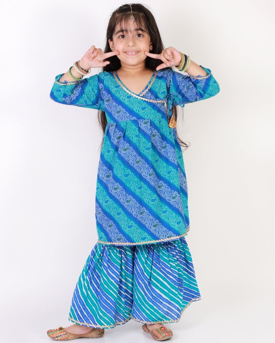 Classic Blue Lehariya Girls Anarkali Sharara Set - SS-CGLKS-0-6